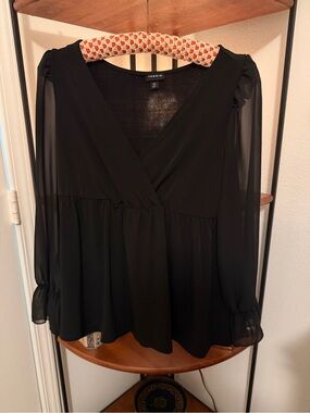 Torrid Black V-Neck Peplum Blouse with Sheer Long Sleeves NWOT